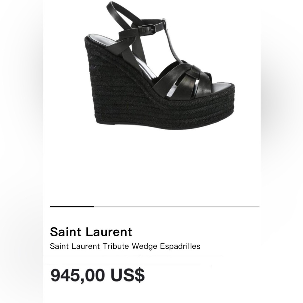 Saint Laurent Tribute Wedge Espadrilles Black Leather Platform Sandals Size 39